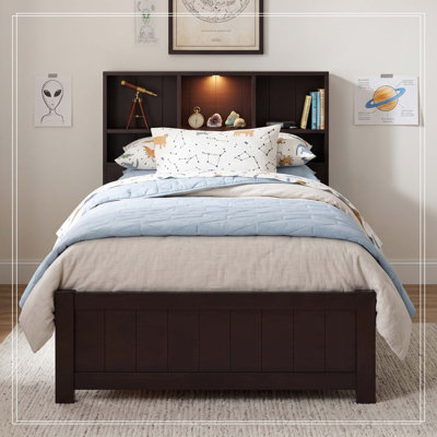 Twin Size Wood Platform Bed with Bookcase Headboard, Built-in Downlight, Charging Station, and 2 Side Drawers, Expresso