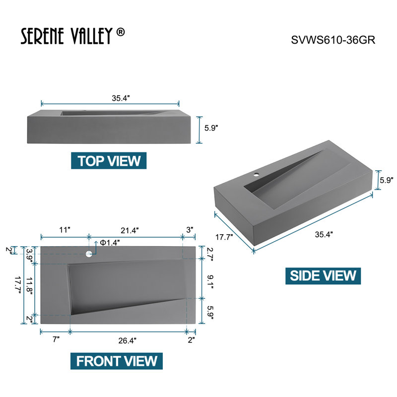 Salle de bain murale ou de comptoir 36 po avec surface solide en forme de bol à losanges, Gris