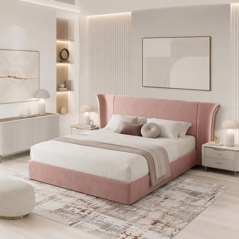 Cadre de lit capitonné de luxe à oreilles, haute tête de lit rembourrée, tissu chenille doux, cadre solide et robuste pour chambre à coucher, matelas non inclus