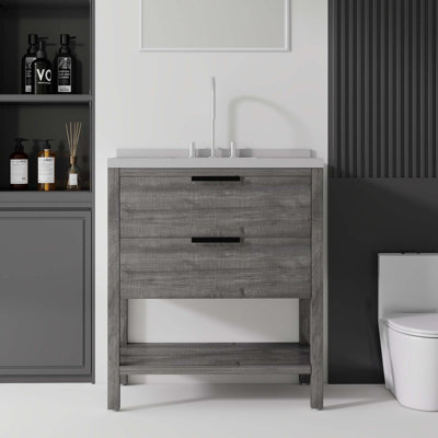Meuble-lavabo autoportant avec comptoir en marbre de culture et tiroirs à fermeture en douceur