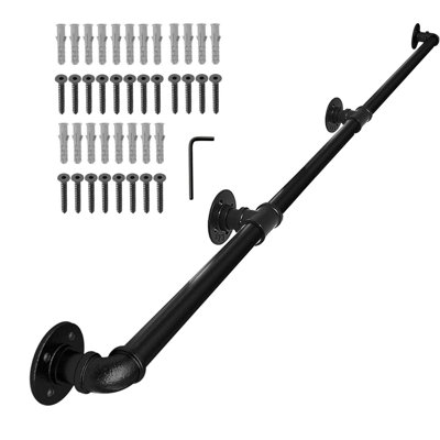 345Cm Stair Handrail, Indoor/Outdoor Wall Mounted Railing Handrail Support Kit - Black