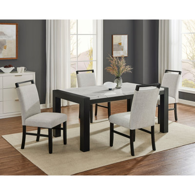 5pc Dining Set Contemporary Style White Faux Marble Rectangular Table Full Back Upholstered Chairs Light Gray Black Finish Dining Room Wooden Furnitur