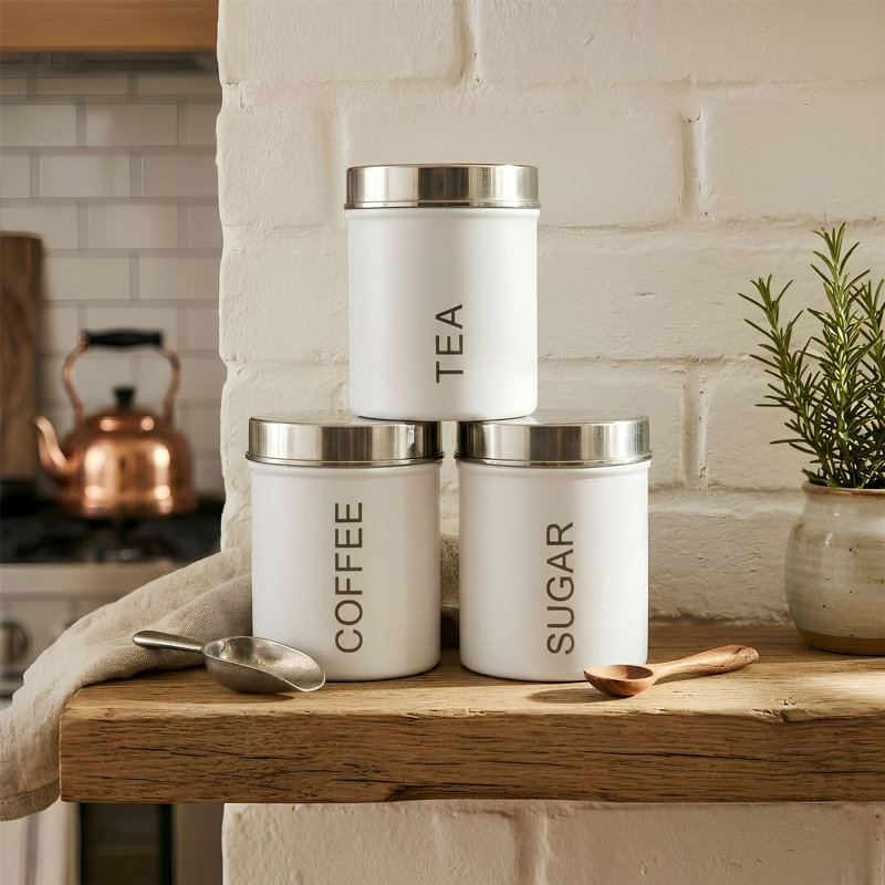 Harbour Housewares - Round Metal Kitchen Tea Coffee Sugar Canisters, White/Chrome