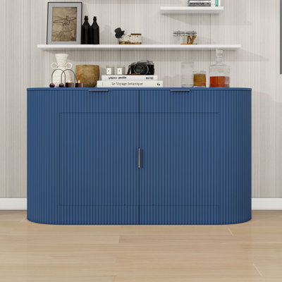 Modern Curved Door Sideboard Buffet Cabinet with 2 Drawers, 3-Tier Shelves and Stripe-Textured Finish