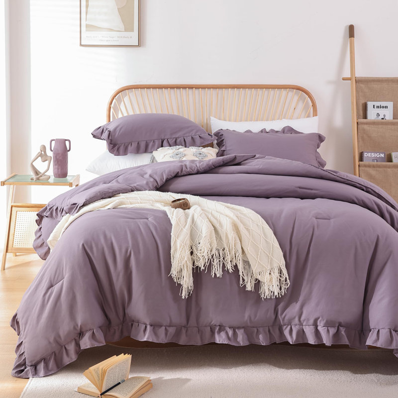 Ensemble d'édredon 3 pièces Ruffle, Édredon très grand + 2 taies d'oreiller standard, Mauve gris