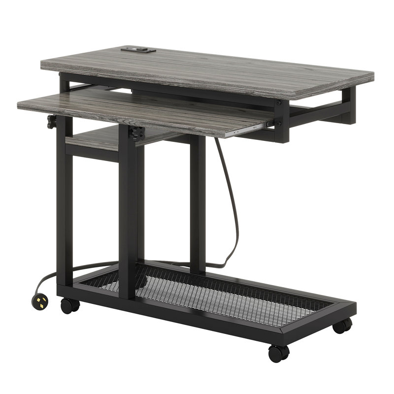 28"-39.3" Height Adjustable Portable Desk With Power Outlet & Usb Ports, Rolling C-Shaped Side Table With Keyboard Tray, Gray