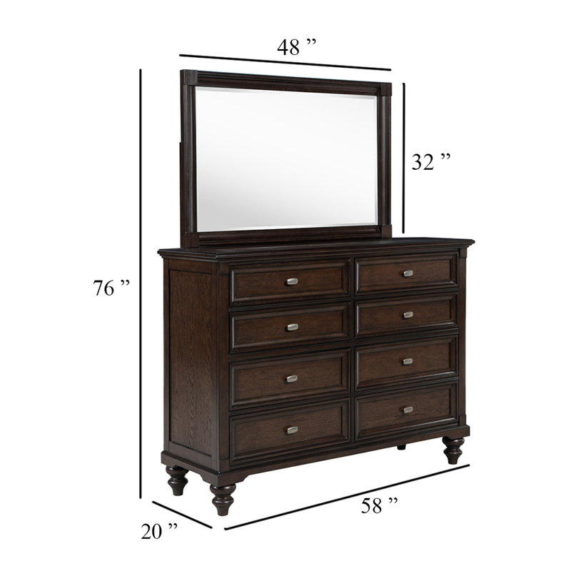 Commode large Meon avec miroir, 8 tiroirs, bois de chêne brun foncé classique