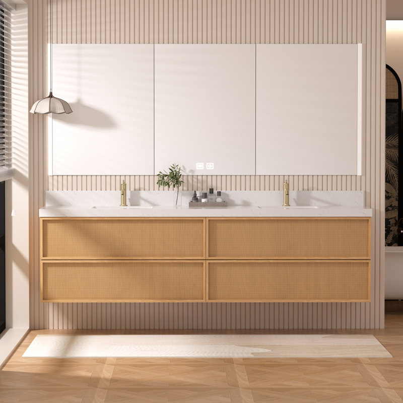 Meuble-lavabo flottant de 84 po avec comptoir en marbre d'ingénierie moderne et lavabo double encastrable, texture rotin 84 po
