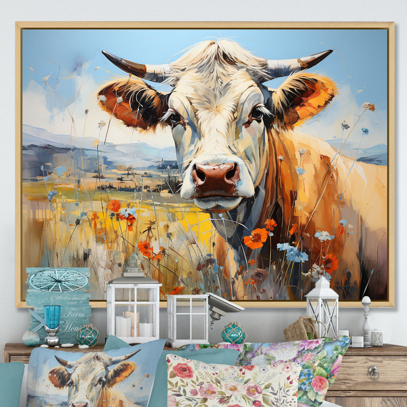 «Cow in Pastel Fields I», reproduction sur toile, Cadre naturel flottant, H 34 po x l 44 po x P 1,5 po