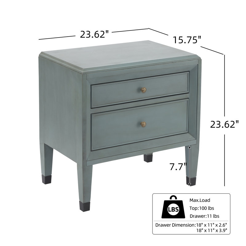 Denbo Modern Classic 2-Drawer Nightstand with Tapered Legs, Sage Green