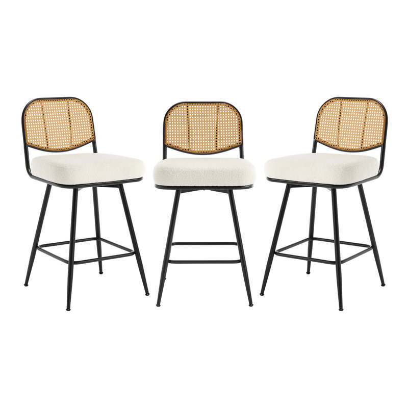 Upholstered Swivel Counter Stool With Rattan Backrest, Bar Stool (29” Seat Height), White