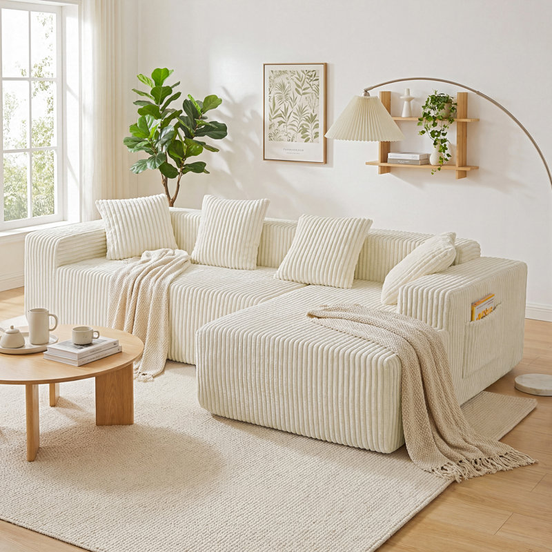 Modern Oversized Corner Sofa L-Shaped Corduroy Sofa With Storage Pockets , Right Hand Facing, Beige
