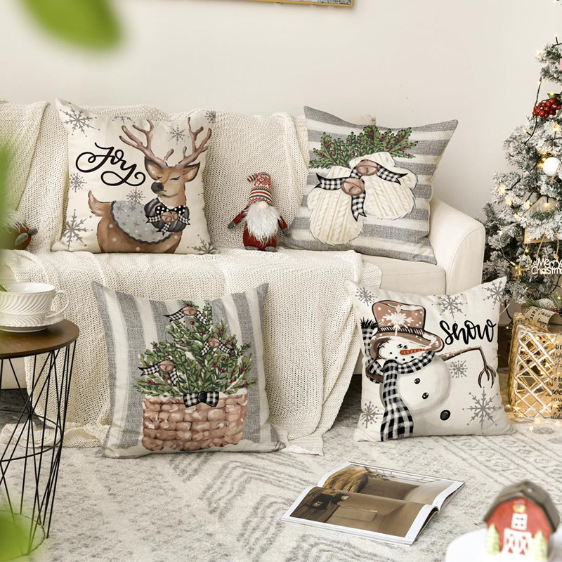 Gants de Noël bonhomme de neige renne, housses de coussin en eucalyptus, housse de coussin à rayures d'hiver 18 x 18 pouces pour canapé-lit, ensemble de 4