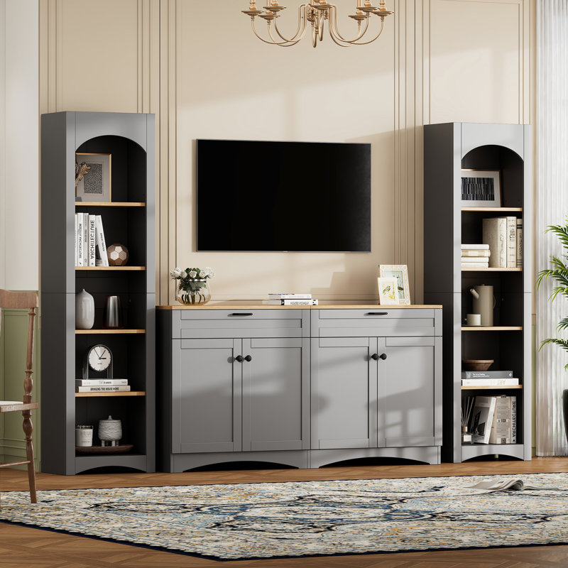 Meuble télé rustique de style années 50, fini gris, étagères réglables, rangement pour téléviseurs de 70 pouces, buffet de salon, meuble télé avec étagères.