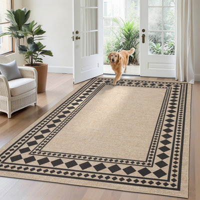 Tapis d'extérieur moderne en jute à bordure géométrique lavable à la machine avec envers antidérapant, revêtement de sol anti-perte