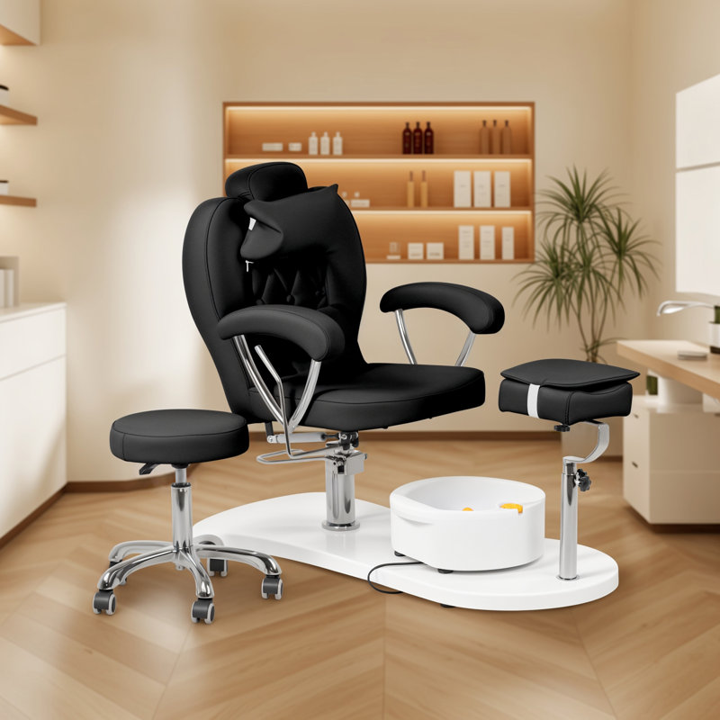 Professional Pedicure Chair with Stool and Removable Massage Foot Bath, Hydraulic Reclining Pedicure Station with Adjustable Height, 360° Swivel