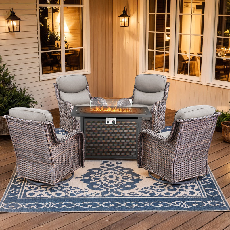 Wickes 5-Piece Patio Conversation Set With Rectangle Metal Fire Pit Table, 4 Outdoor Swivel Gliders With 6" Thick Cushions