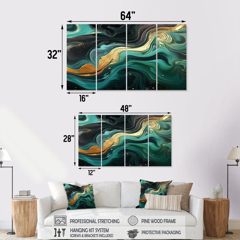 «Abstract Green and Gold Marble River III», art mural abstrait sur toile 4 pièces, H 28 po x l 48 po