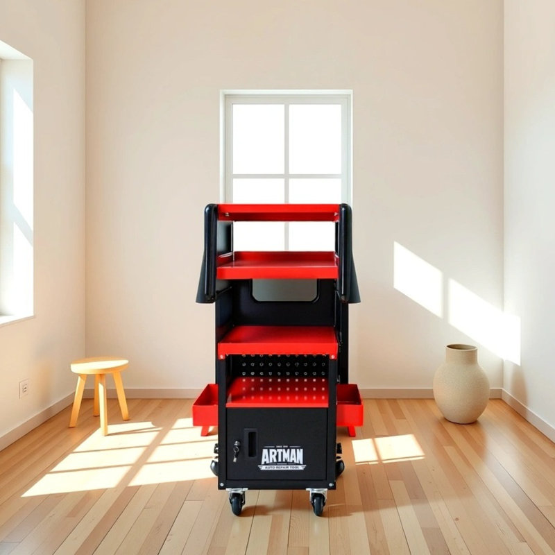 ??heavy-duty 4-tier Auto Diagnostic Trolley - Anti-rust Cabinet With 360° Rotating Casters & Secure Lock, Red & Black