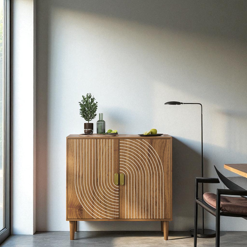 Buffet en noyer avec portes rainurées - Buffet moderne avec tablettes de rangement réglables