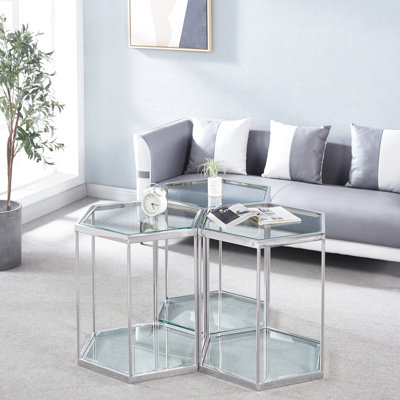Table de bout en verre à 2 couches avec acier inoxydable argenté - plus d'options de rangement, article, facile à nettoyer soigneusement, procédure d'installation simple Finition argentée