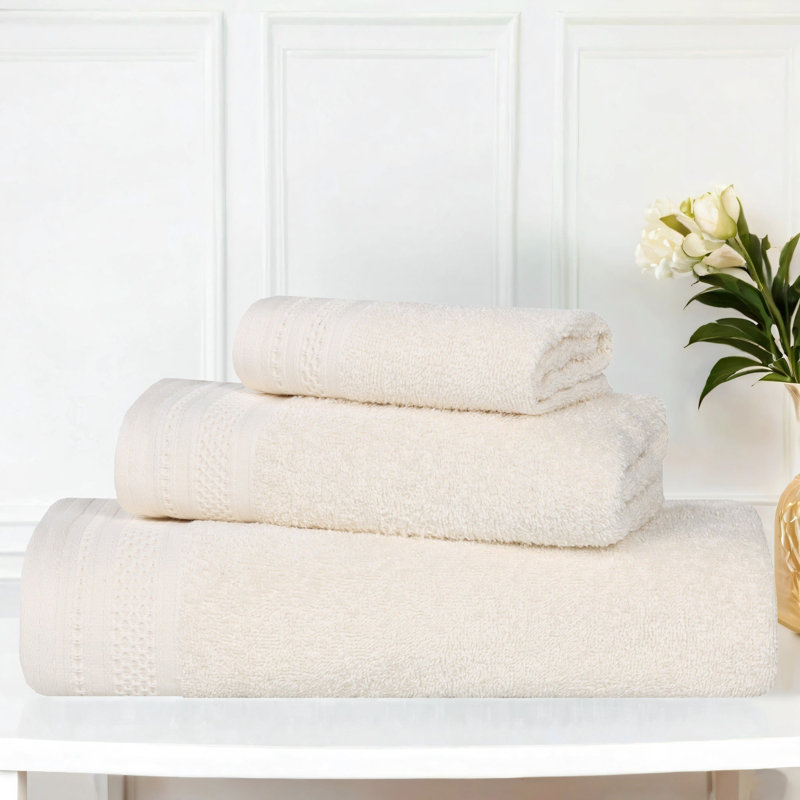 Ensemble de 3 serviettes en coton mi-lourd à bordure gaufrée texturée, Ivory