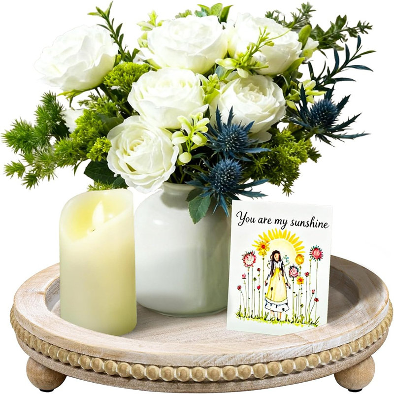 Round Wooden Decorative Tray, Farmhouse Beaded Tray For Coffee Table, Candles, Kitchen, And Home Decor