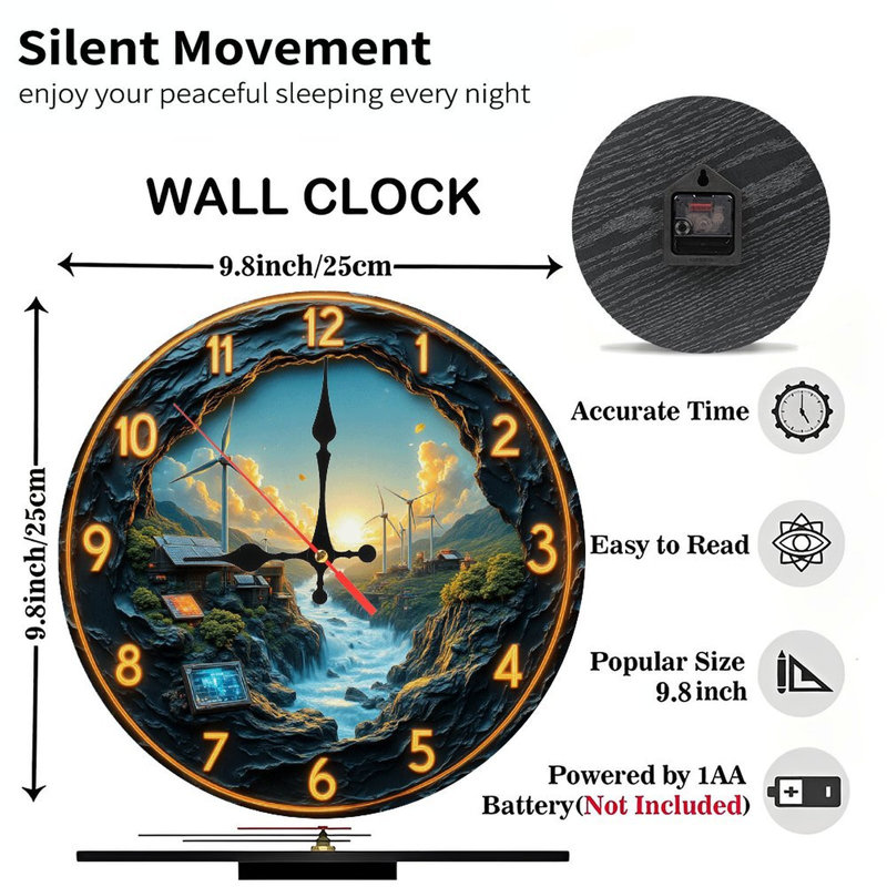 Sunset Waterfall Clock Green Energy Windmill