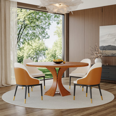3/5/7 Pcs Mid-Century Solid Wood Round Dining Table Sets With Sturdy Iron Kitchen Chairs For 2-6