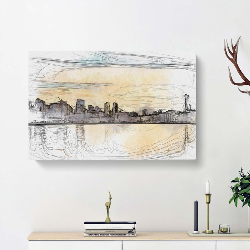 Reflection of the Seattle Skyline in Abstract - Wrapped Canvas Drawing - Wrapped Canvas, 40cm H x 60cm W x 3cm D