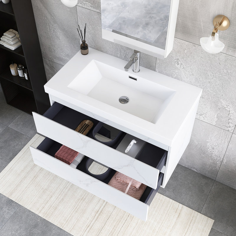 Meuble-lavabo mural simple 36 po avec plateau en résine intégré, Blanc