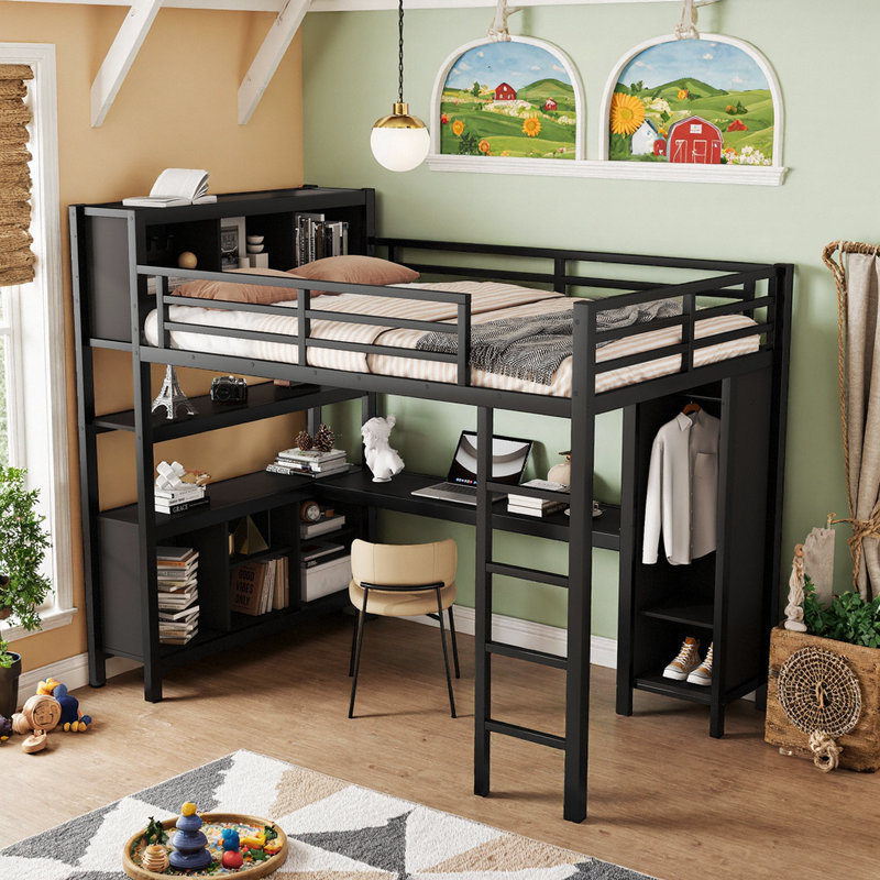 Lit mezzanine en métal avec rangement et garde-robe et bureau en L, Noir