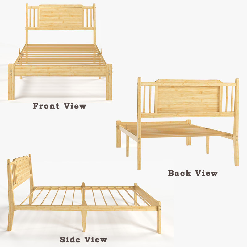 Twin XL 14" Heavy Duty Solid Wood Bamboo Platform Bed Frame With Headboard, Metal Slat Support, Easy Assembly