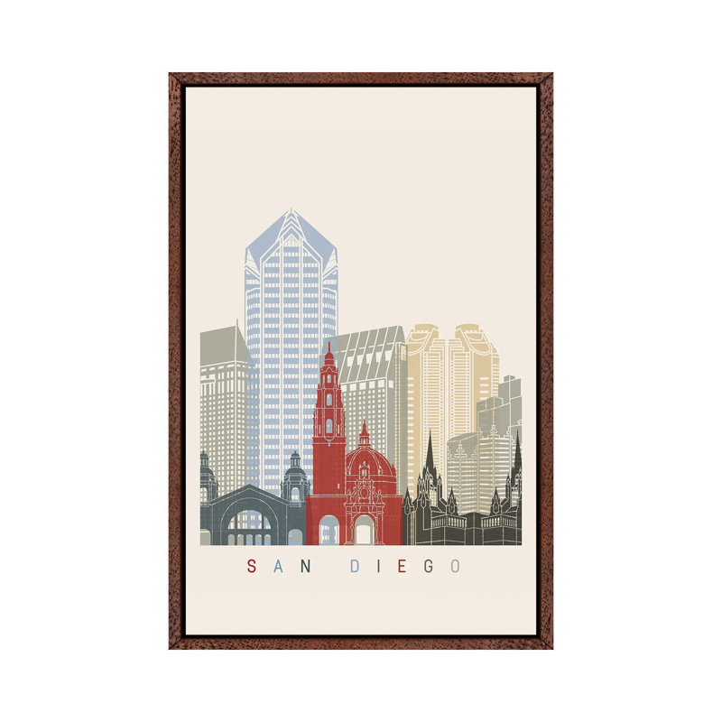 San Diego Skyline Poster 1 Piece Wall Art on Canvas, 152.5 cm H x 101.5 cm W, Classic Wood Framed