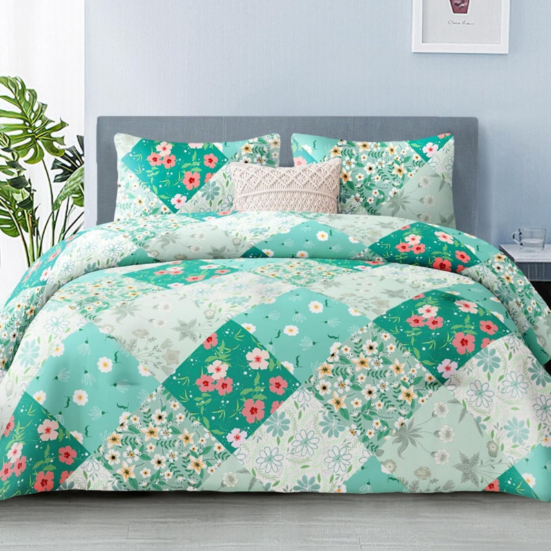 Striped Duvet Cover Set, Green Floral, Kingsize Duvet Cover + 2 Pillowcases