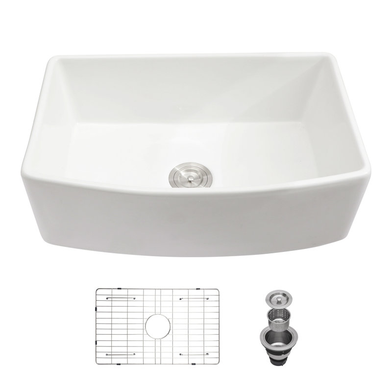 White Farmhouse Sink - White Kitchen Sink Ceramic Arch Edge Apron Front Single Bowl Farm Kitchen Sinks