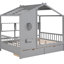 Lit en bois gris avec 2 tiroirs et tablette de rangement à l'arrière, maisonnette de jeu en bois-406946805