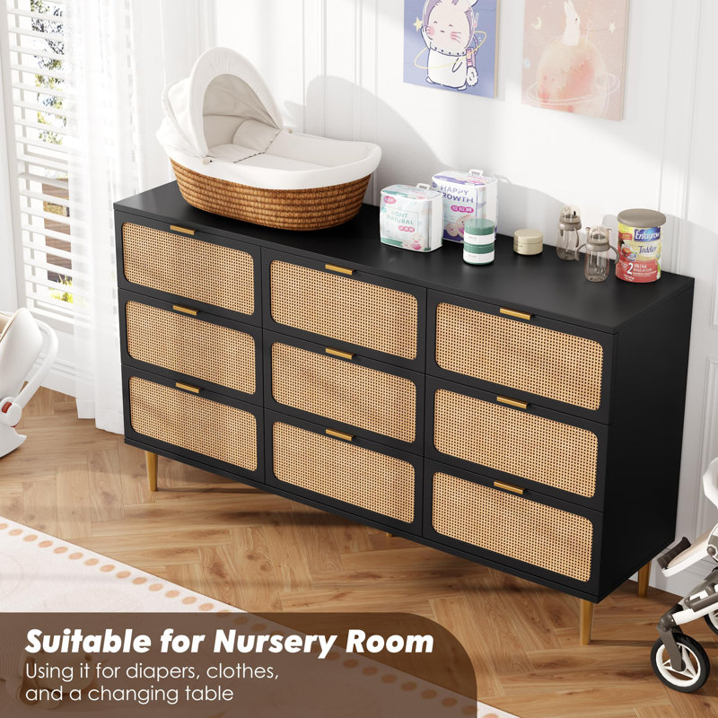 Rattan 9 Drawer Tall Dresser – Deep Drawers, Large Chest for Closet with Wide Top, Long Wooden Organizer for Living Room, Hallway, Kids Room (Black)