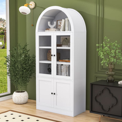 Vitrine arquée avec portes en verre, charnières à fermeture en douceur, bibliothèque haute avec 5 tablettes pour le salon