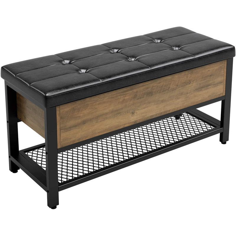 Banc avec rangement, banc à chaussures long avec dessus rabattable, siège rembourré en cuir et tablette inférieure en acier pour couloir