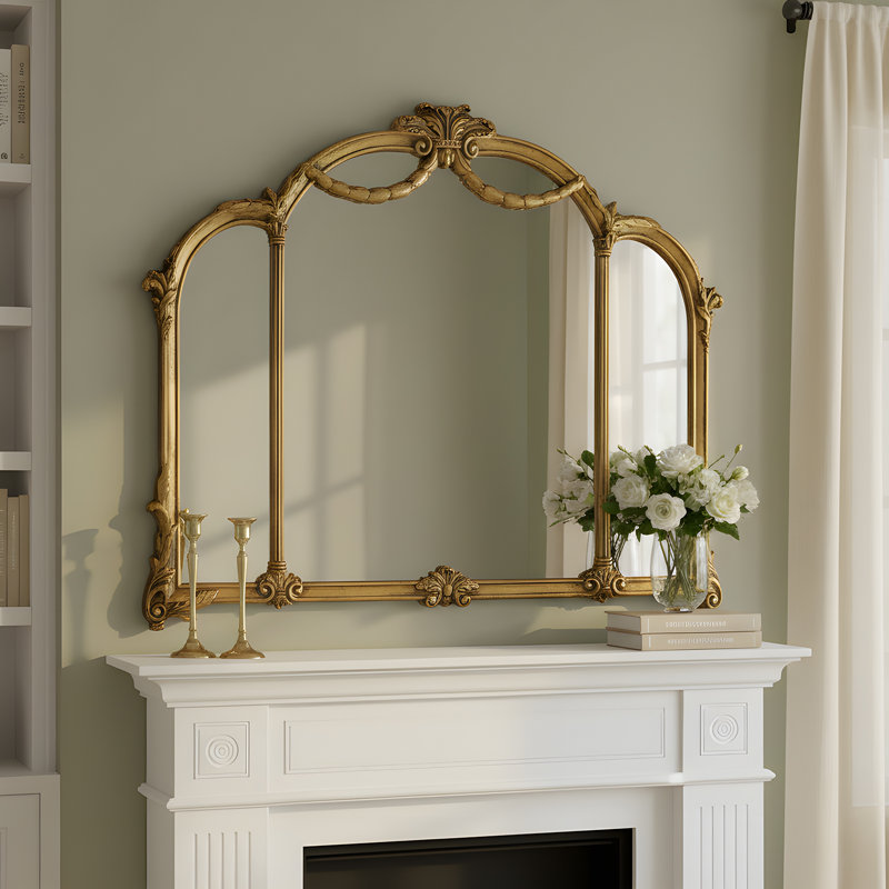 Arch Antique Ornate Wall Mirror with Baroque Metal Frame,Vintage Mirror for Fireplace or Entryway Decor,48x39 inch, Vintage Gold