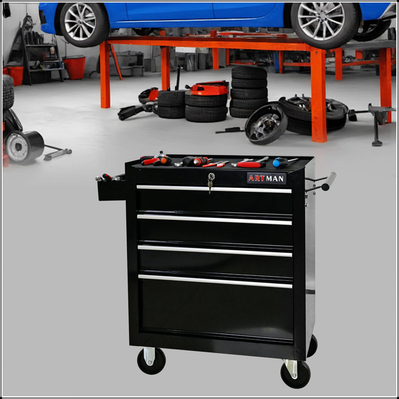 Coffre à outils robuste avec 4 tiroirs, système de verrouillage et fabrication en acier durable pour un rangement et une mobilité efficaces