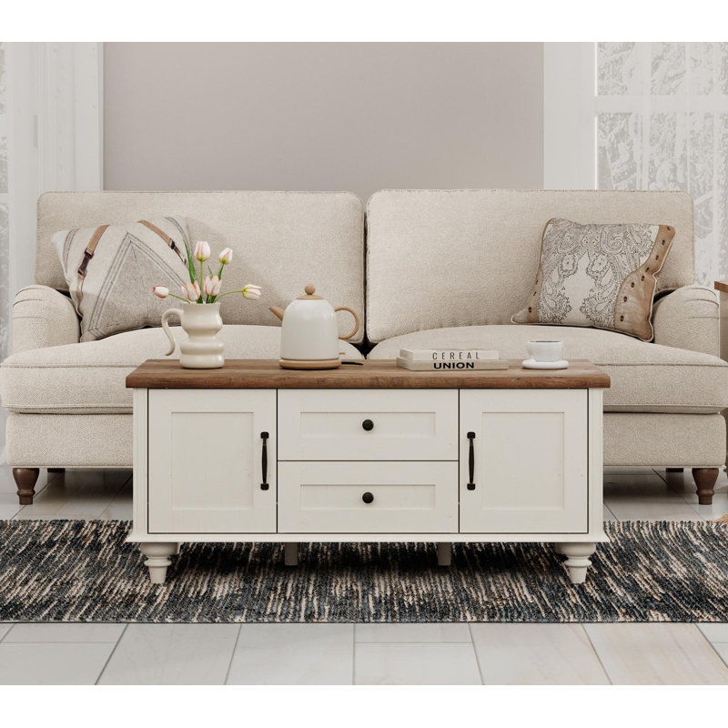 Table basse en bois rustique avec armoire de rangement, Plateau brun / structure blanche