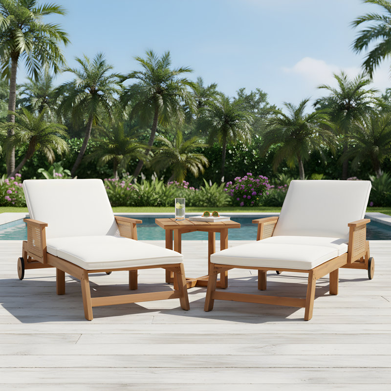 Tilson Patio 3-Piece Acacia Wood Chaise Lounge With Wicker Panels & Cross-Stretcher Side Table Set, 2