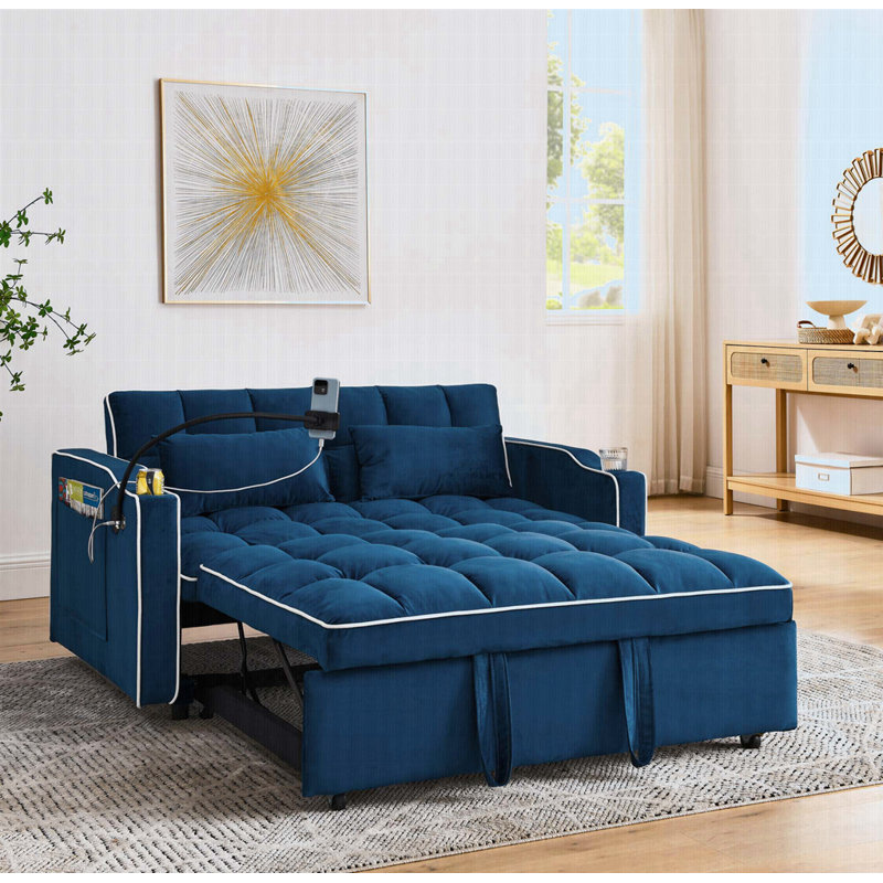 55,51 po. Canapé-lit pliable polyvalent, canapé-lit moderne en velours, dossier réglable et port USB, Bleu