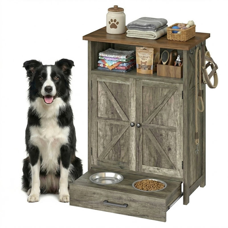 Meuble de rangement pour bols de chien, comprenant 2 bols surélevés, 3 crochets et un tiroir coulissant.