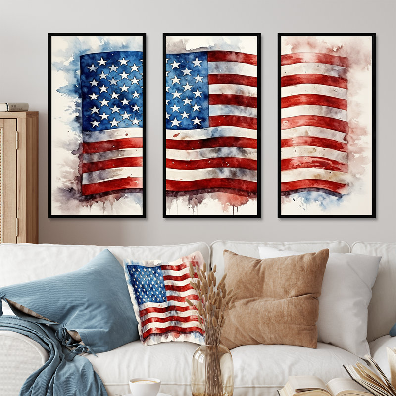 Aquarelle, drapeau américain II - drapeau, art mural américain, Cadre flottant noir, H 28 po x l 36 po x P 1 po