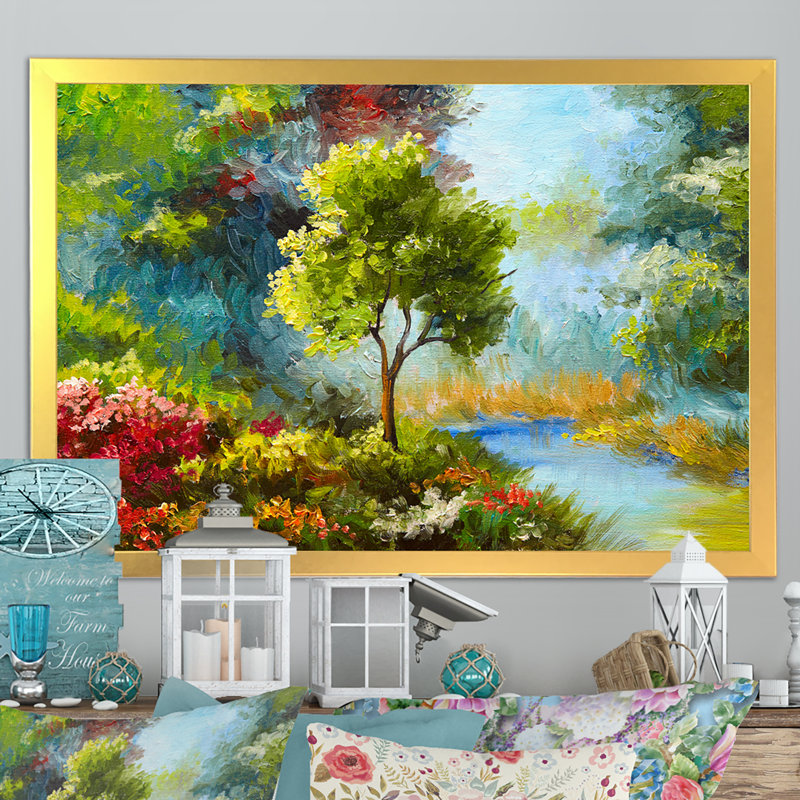 «Summer Path In Forest Landscape», reproduction d'art sur toile, Toile encadrée dorée, H 16 po x l 32 po x P 1 po
