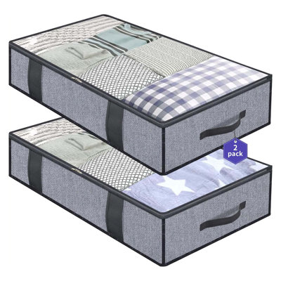 2 Pack Foldable Underbed Storage Bags With Clear Window, Zippered Organizer For Clothes, Blankets, Comforters, Grey