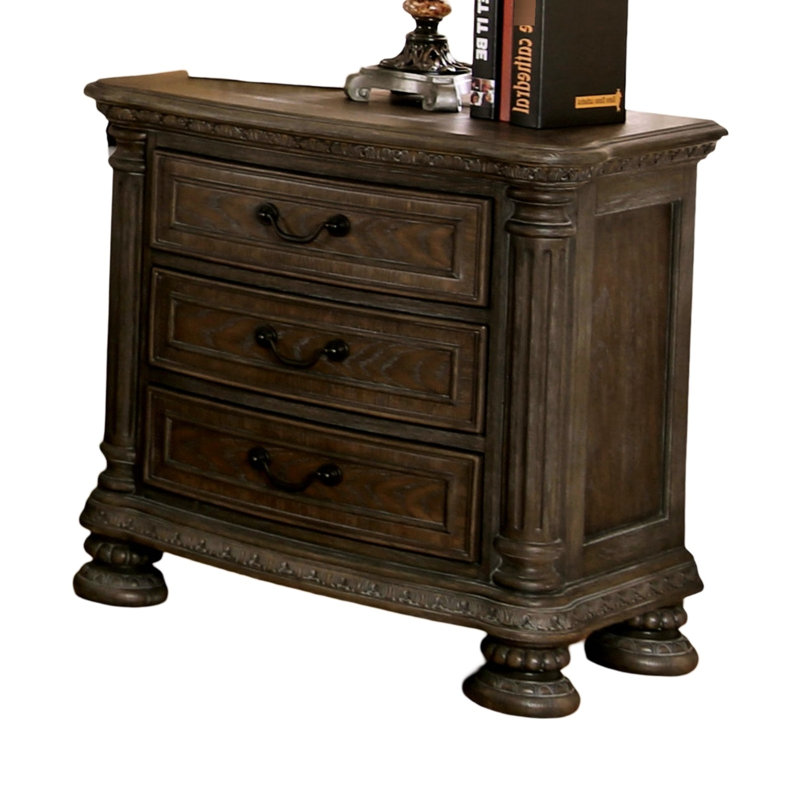 Table de chevet rustique en bois massif naturel pour chambre à coucher avec 3 tiroirs et poignée en bronze Elegance